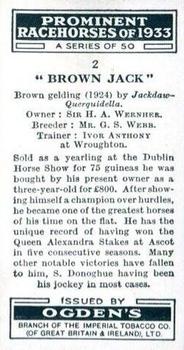 1934 Ogden's Prominent Racehorses of 1933 #2 Brown Jack Back
